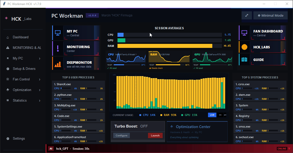 PC Workman 1.8.0 dashboard