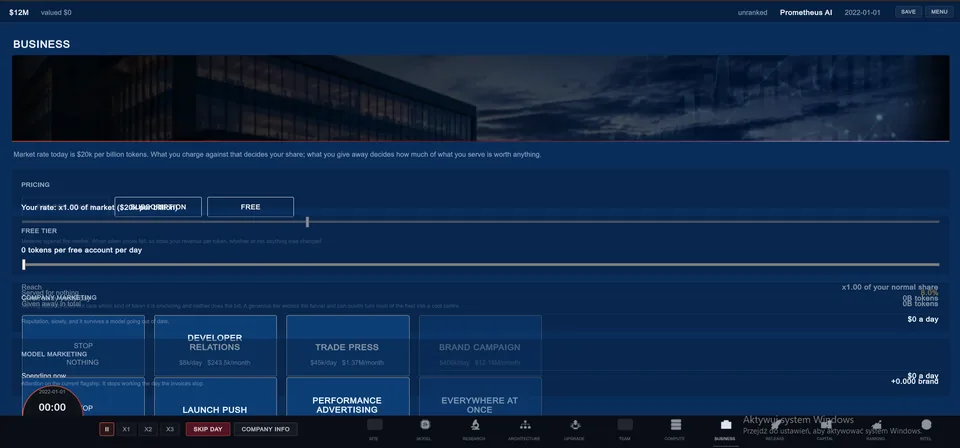 Scaling Laws business screen with pricing, free tier and marketing decisions