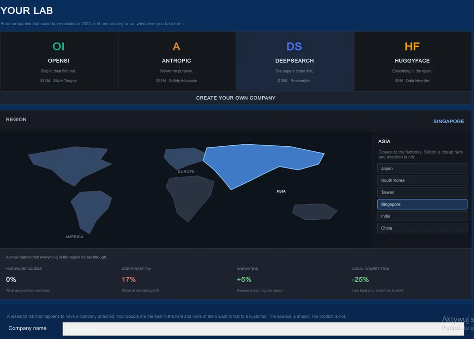 Company setup screenshot from the current Scaling Laws development build