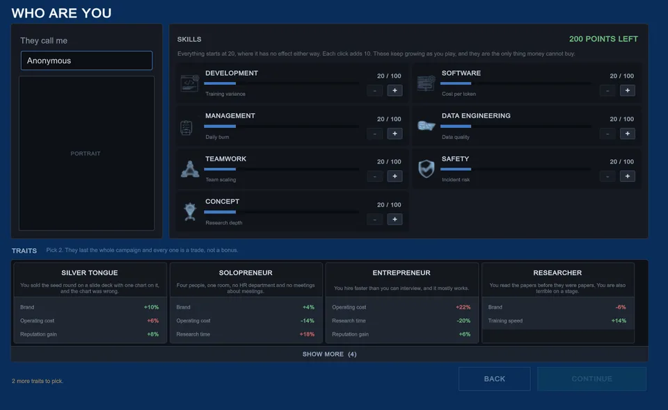 Founder creator screenshot from the current Scaling Laws development build