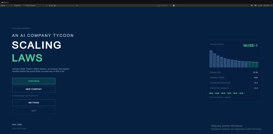 Main menu screenshot from the current Scaling Laws development build