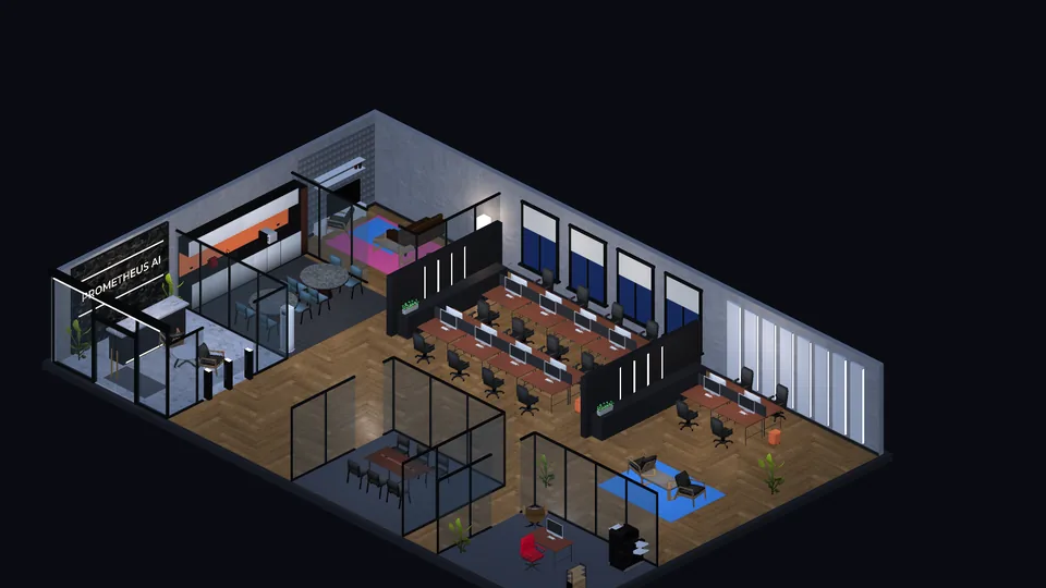 The second rented office in Scaling Laws with twenty desks, a glass meeting room and the company name over the door