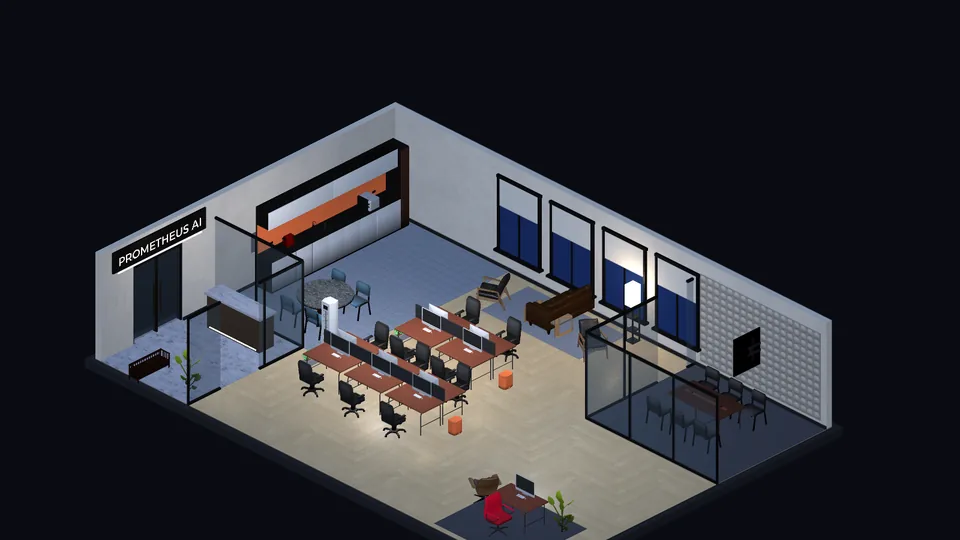 The first rented office. Ten desks, a lobby, a boss corner and your company name over the glass doors.